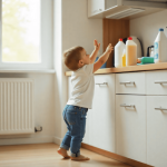 Kijk probeert schoonmaakmiddelen te pakken op het keukenblad