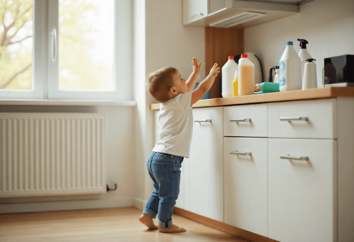 Kijk probeert schoonmaakmiddelen te pakken op het keukenblad