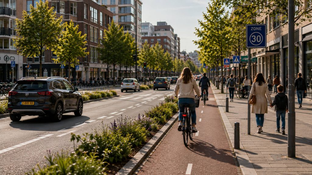 Verkeersveiligheid in steden verbetert door autoluwe zones en duidelijke fietsroutes voor bewoners.