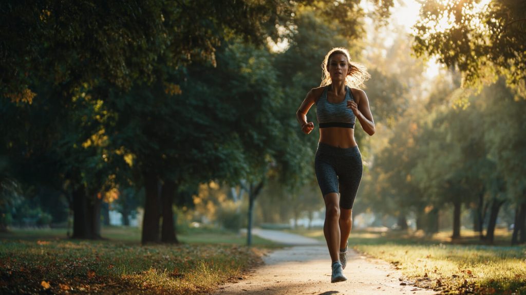 Hardloopster traint op een bospad tijdens de voorbereiding op 5 kilometer hardlopen
