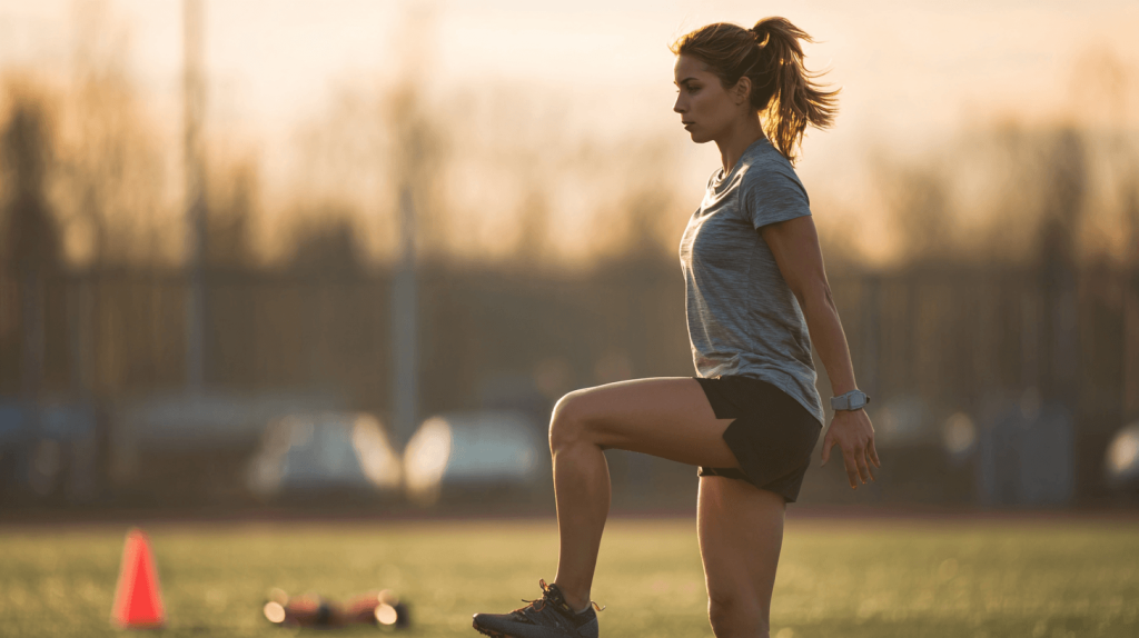 Warming-up op een sportveld als voorbereiding op 5 kilometer hardlopen volgens een rustig trainingsschema