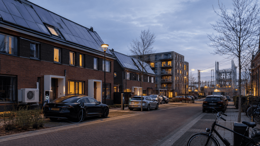 woonwijk met elektrische laadpalen en zonnepanelen