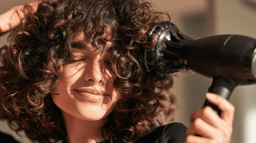 Vrouw met een diffuser, die haar krullen föhnt