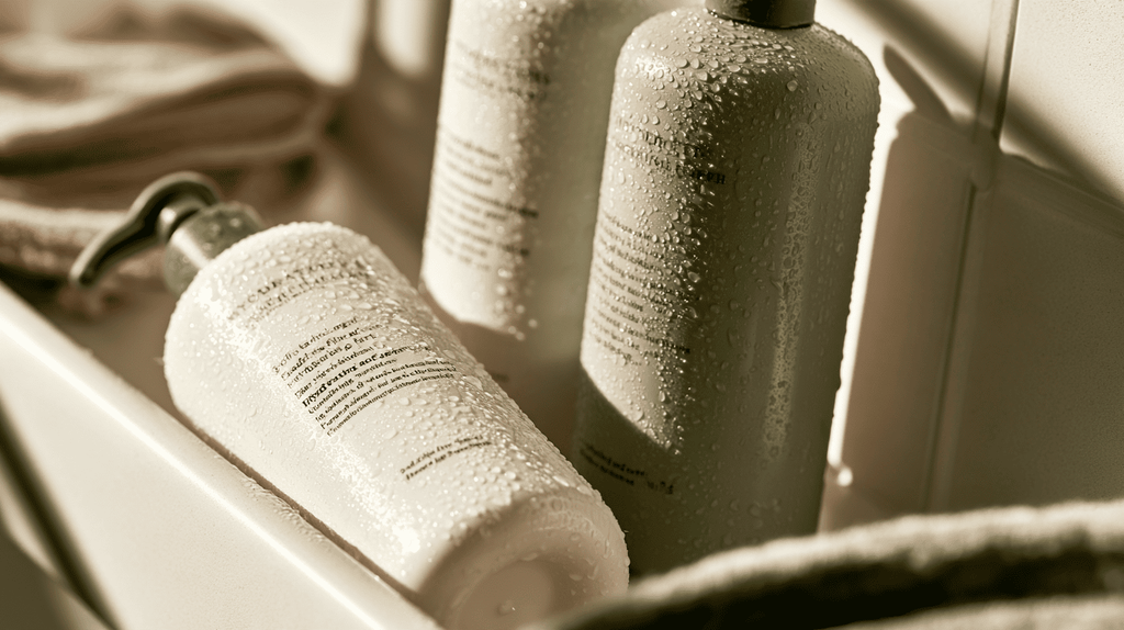 Shampoo fles met waterdruppels op een plank